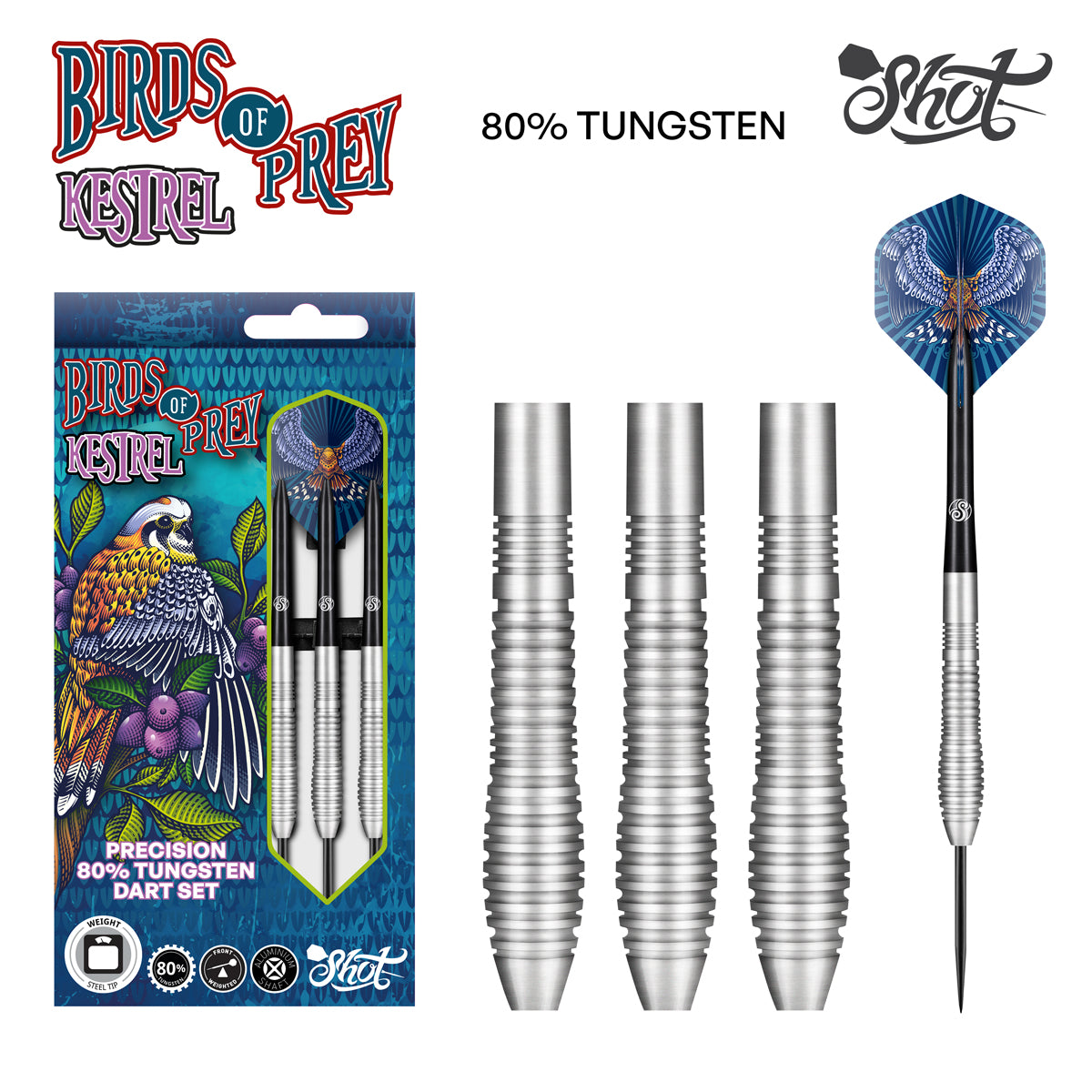 Shot Birds of Prey Kestrel Steel Tip Dart Set 80% Tungsten Barrels 27gm