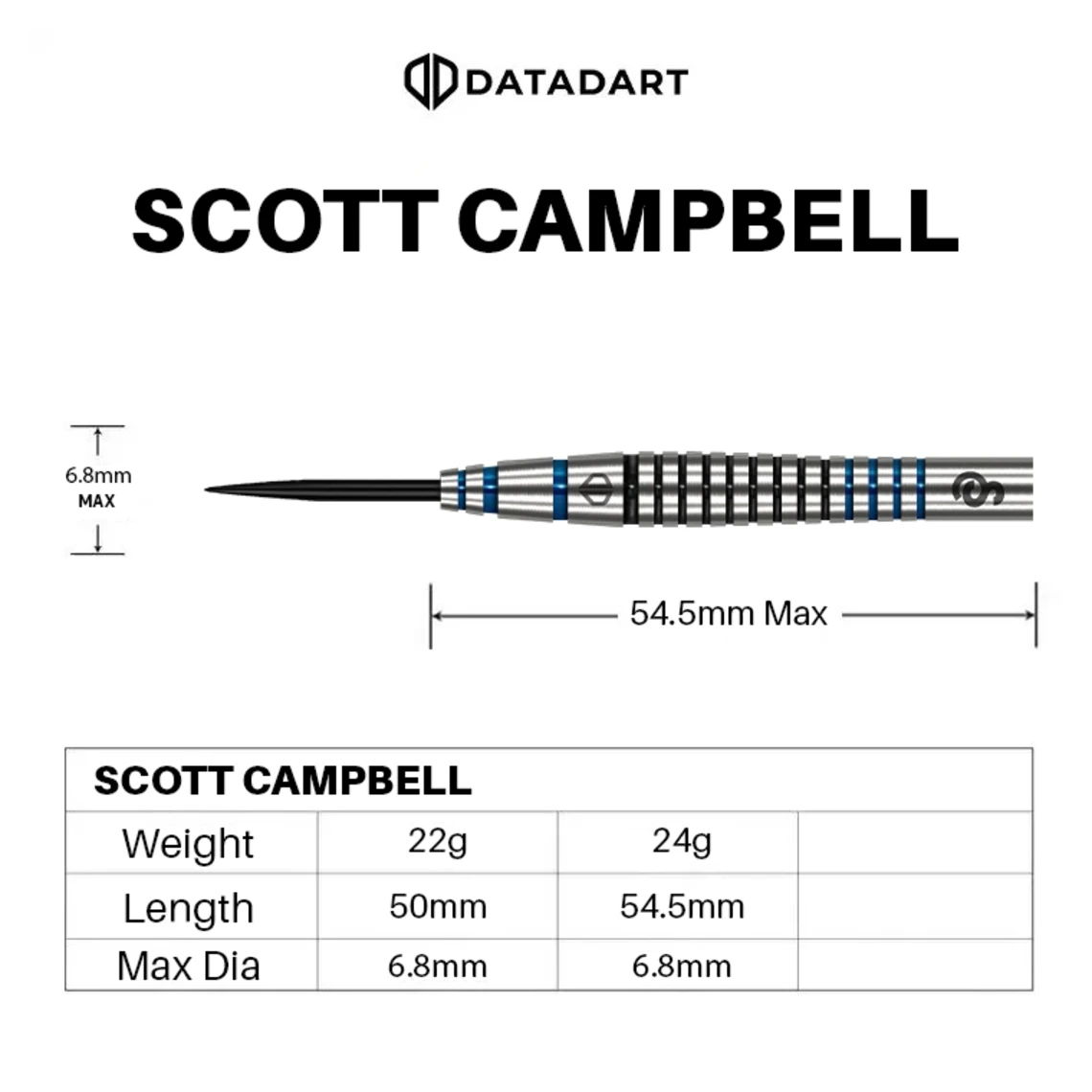 Datadart Scott Campbell 90% Tungsten Darts Dimensions