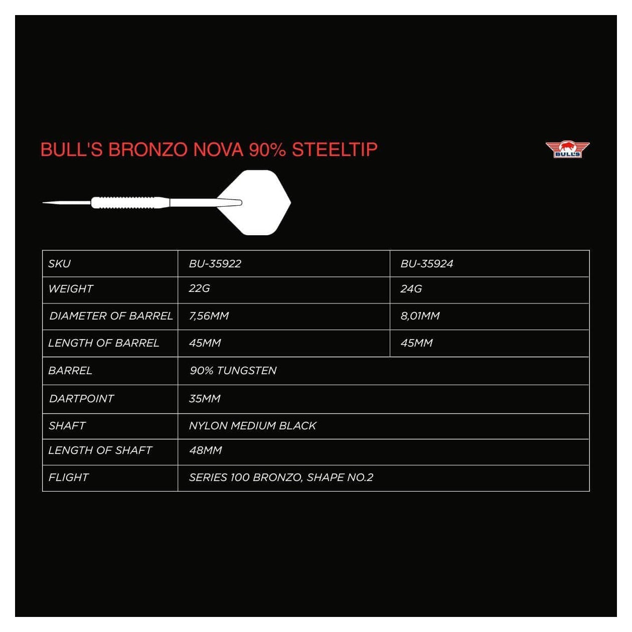 Bulls NL Bronzo Nova 90% Tungsten Steel Tip Darts