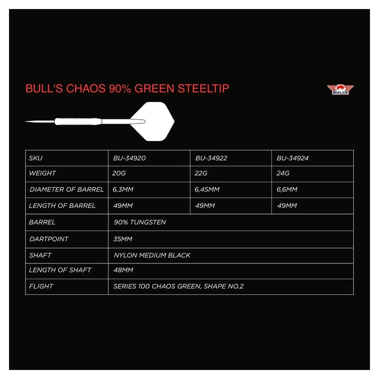 Bulls NL Chaos Green 90% Tungsten Steel Tip Darts