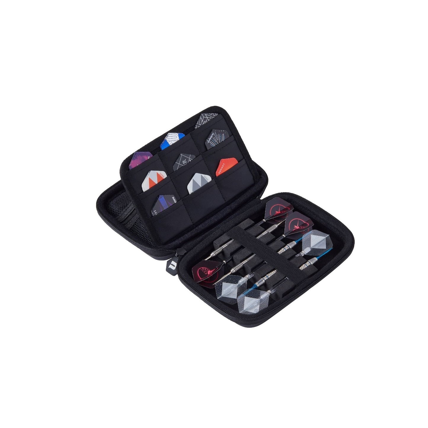 Unicorn Ultra Dart Case - Size Medium, open view to show the inside holding flights on the left and darts on the right