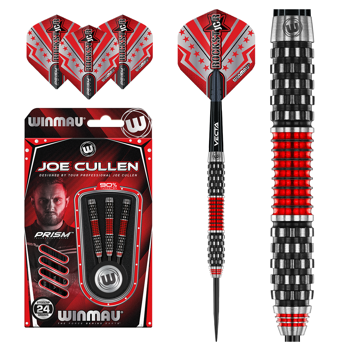 Winmau Joe Cullen ROCKSTAR RS1.0 90% Tungsten Steel Tip Darts 24g Package Contents 