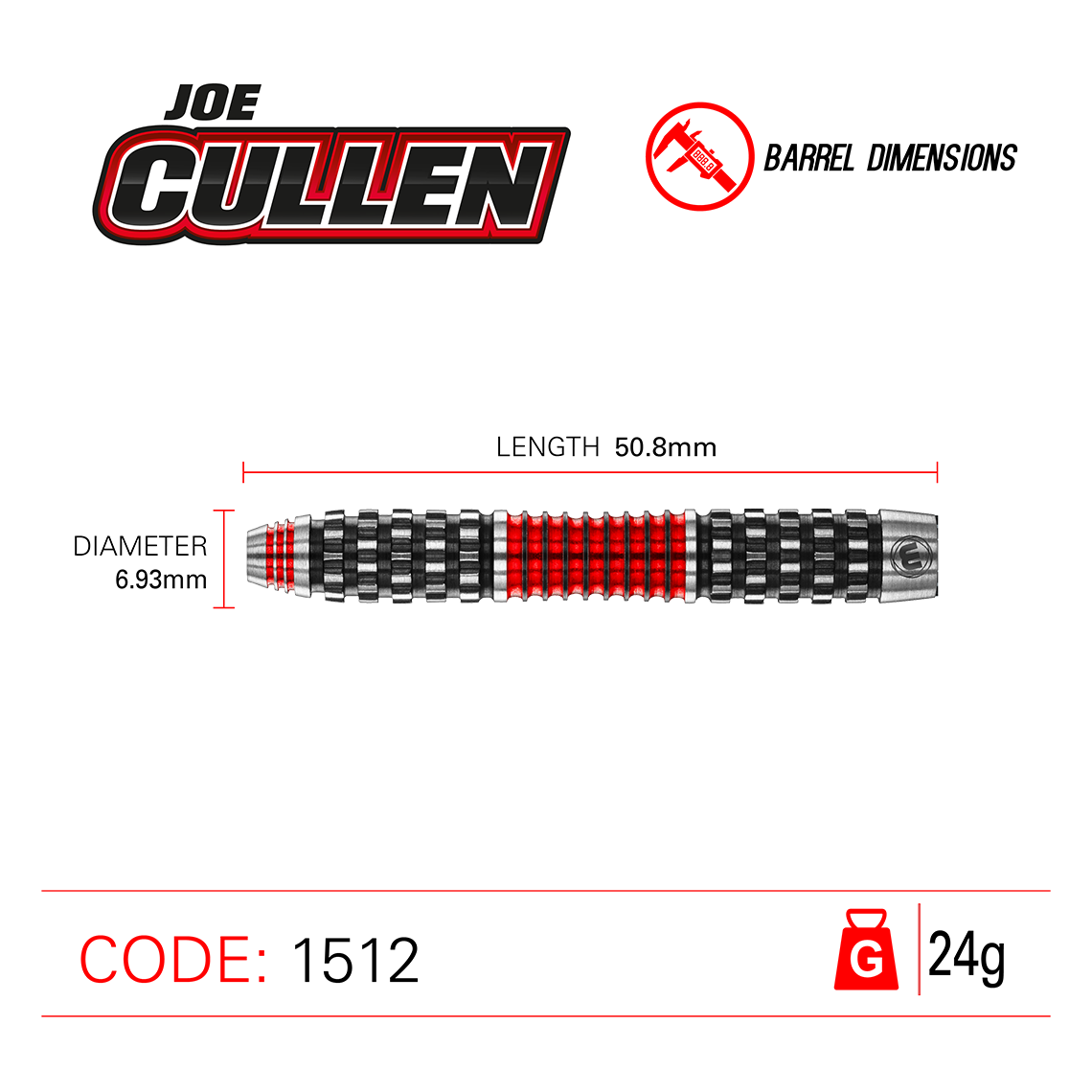 Winmau Joe Cullen ROCKSTAR RS1.0 90% Tungsten Steel Tip Darts 24g Barrel Dimension - Length: 50.8mm / Diameter: 6.93mm