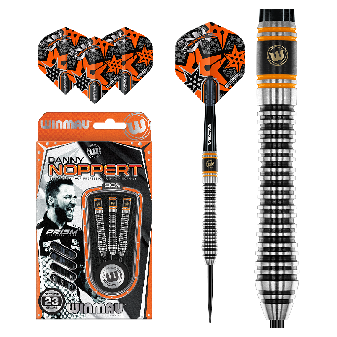 Winmau Danny Noppert Signature Edition 2.0 90% Tungsten Steel Tip Darts 23g Display Box and Flight Display