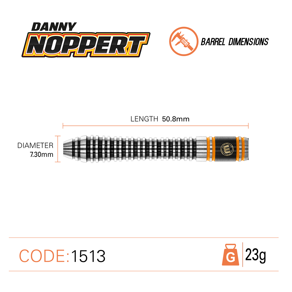 Winmau Danny Noppert Signature Edition 2.0 90% Tungsten Steel Tip Darts 23g - Barrel Dimensions: Length 50.8mm / Diameter 7.30mm