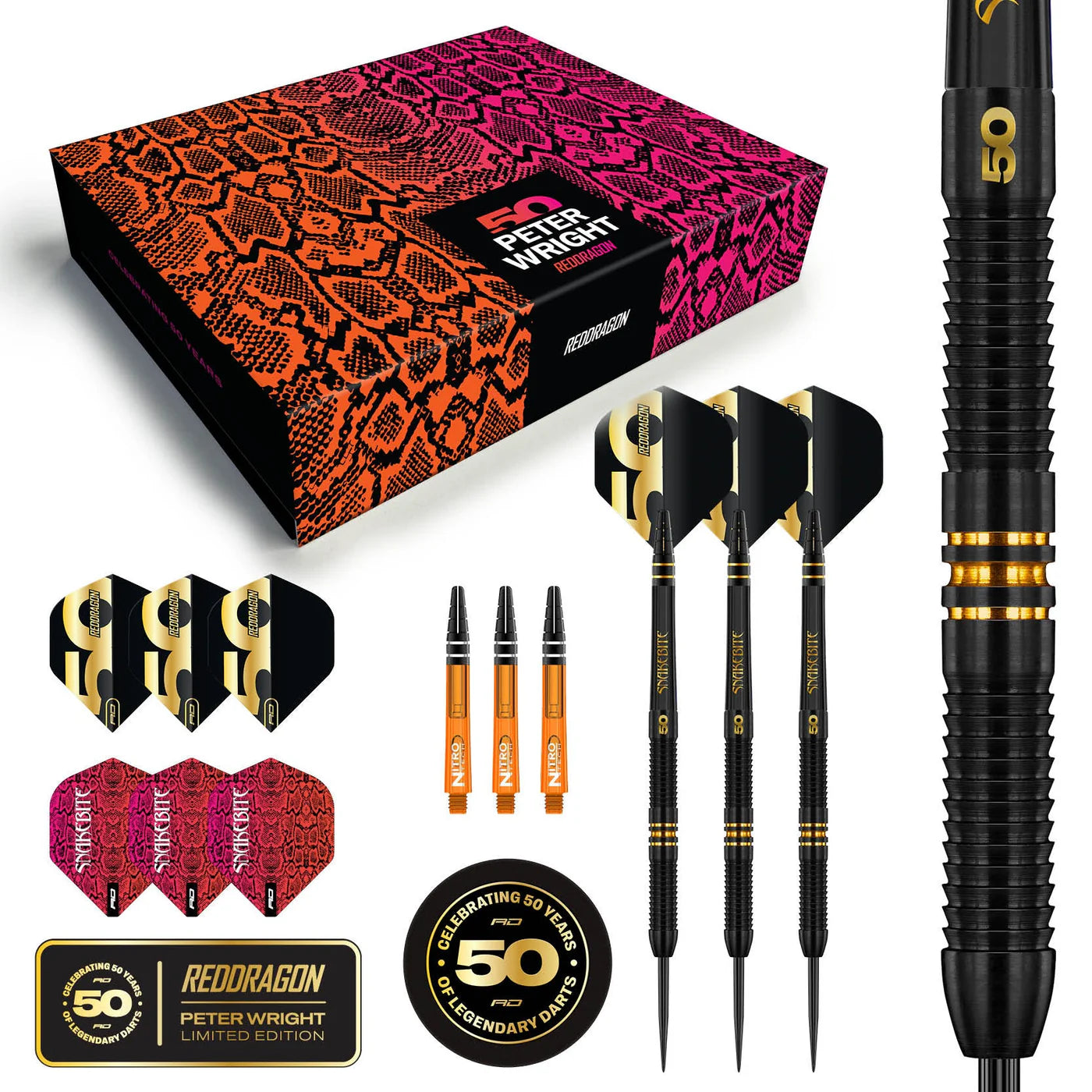 Red Dragon Peter Wright 50 Years Player Edition 90% Tungsten Steel Tip Darts 