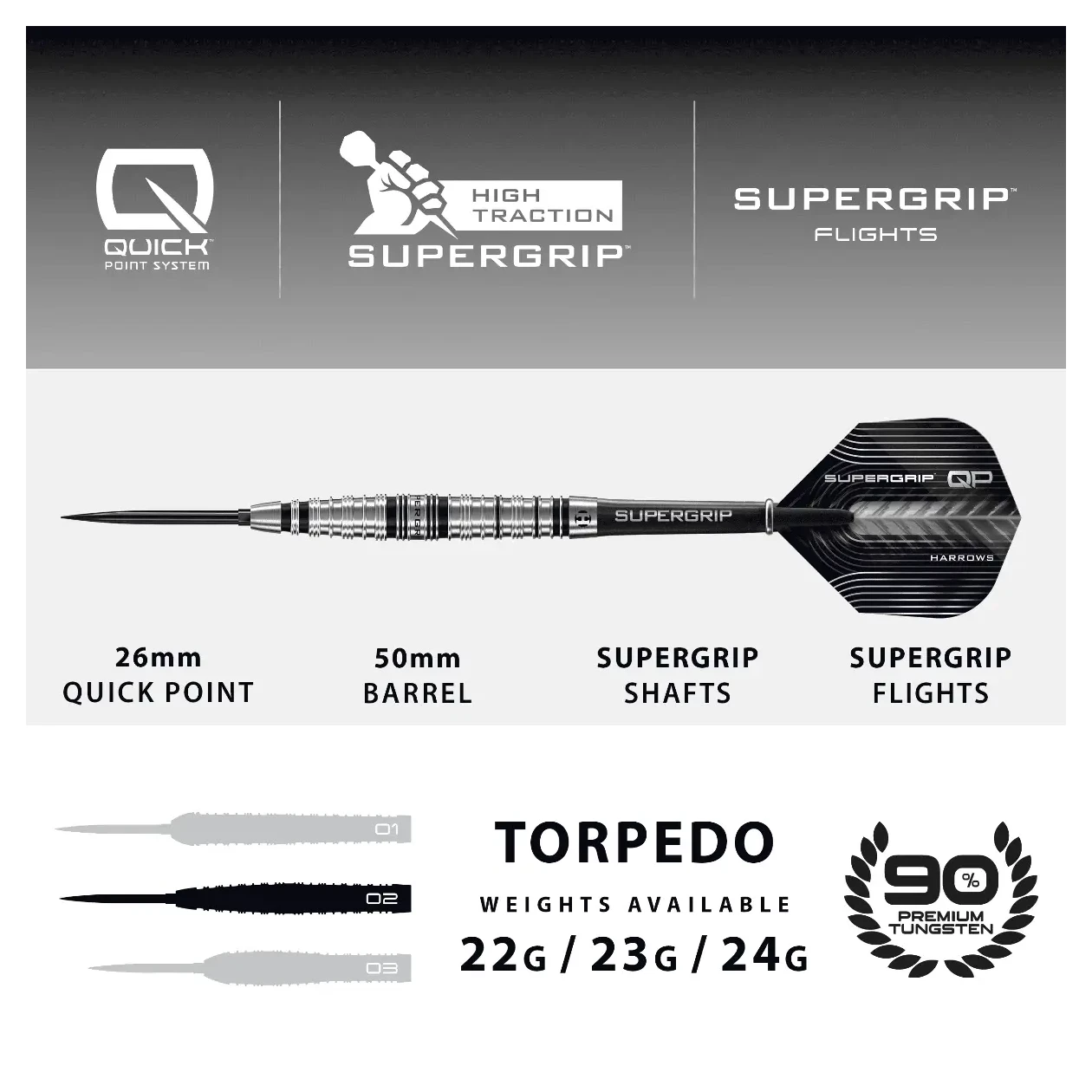 Harrows Supergrip QP Torpedo 90% Tungsten Steel Tip Darts 