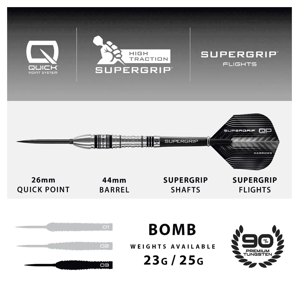 Harrows Supergrip QP Bomb 90% Tungsten Steel Tip Darts