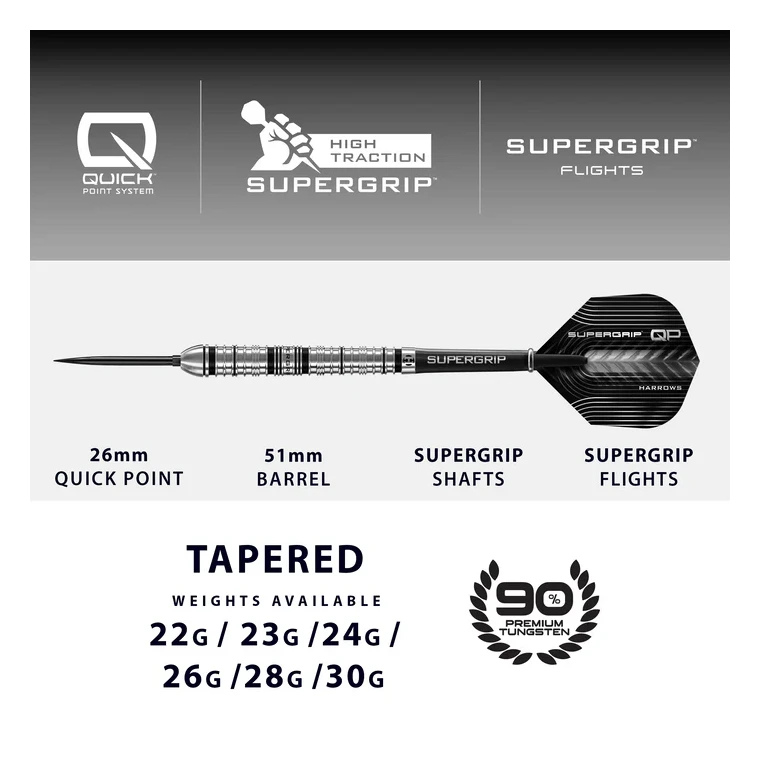 Harrows Supergrip QP Tapered 90% Tungsten Steel Tip Darts - Sherwood Sport