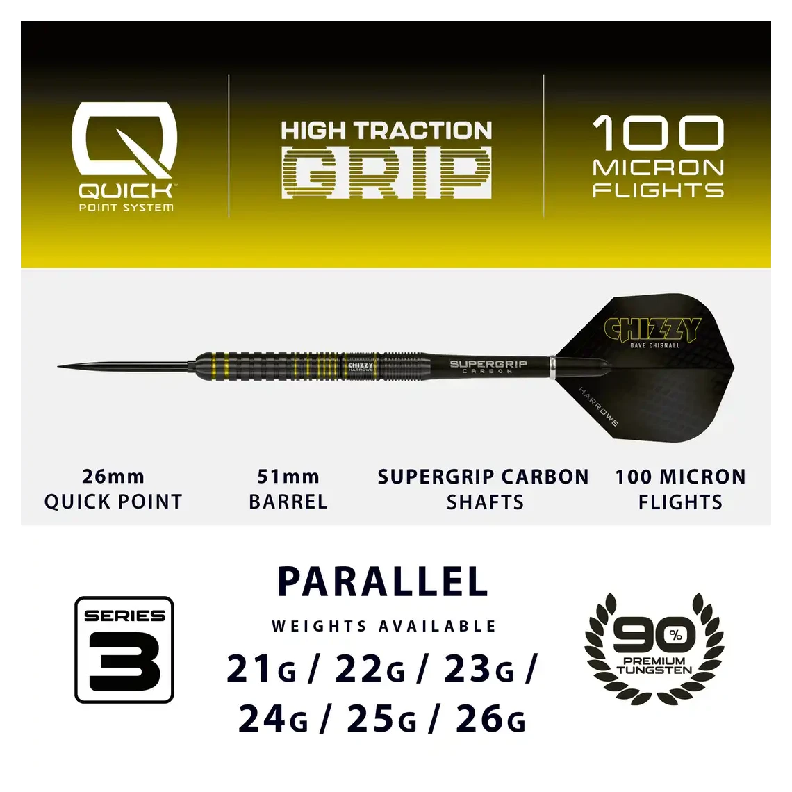 Harrows Chizzy Series 3 | Quick Point | 90% Tungsten Steel Tip Darts