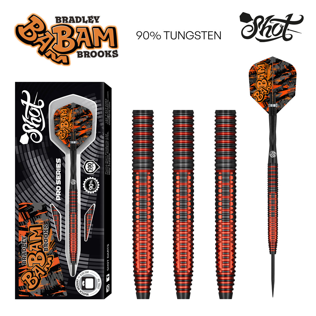 Shot Bradley Brooks Steel Tip Darts 90% Tungsten Steel Barrels 23g