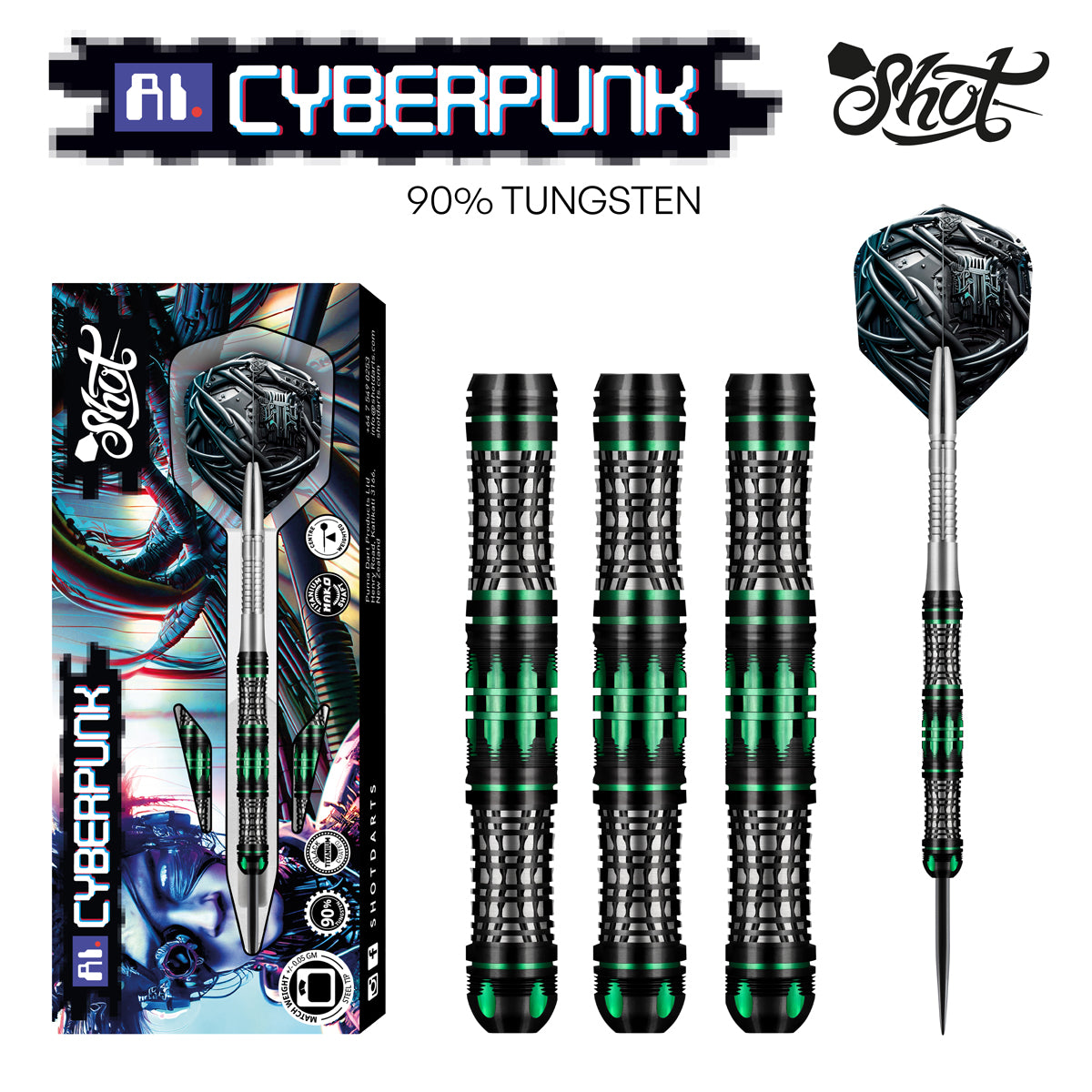 Shot AI Cyberpunk Steel Tip Dart Set 90% Tungsten Barrels 25g