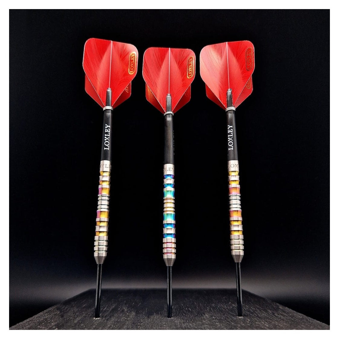 Loxley Excalibur Model 1 95% Tungsten Steel Tip Darts x3 standing in a wooden block