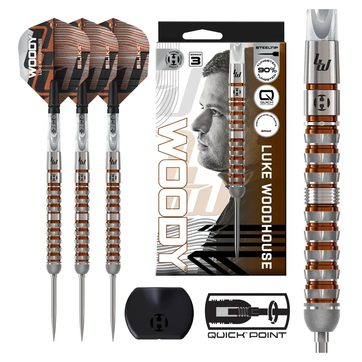 Harrows Luke Woodhouse Series 3 Quick Point 90% Tungsten Steel Tip Darts - Sherwood Sport