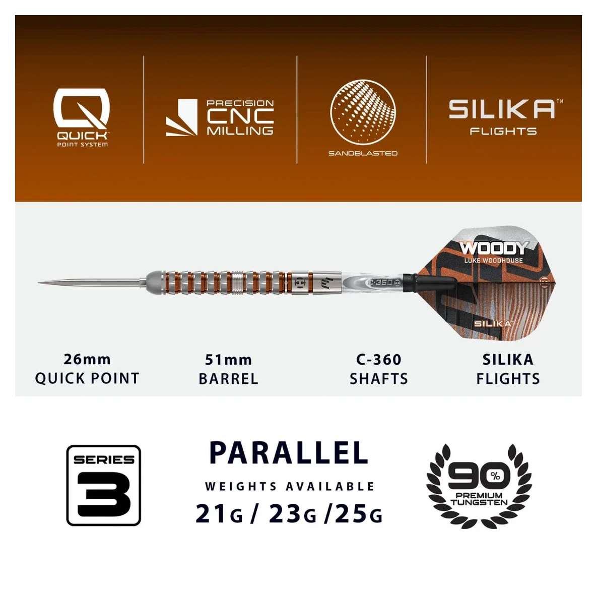 Harrows Luke Woodhouse Series 3 Quick Point 90% Tungsten Steel Tip Darts - Sherwood Sport