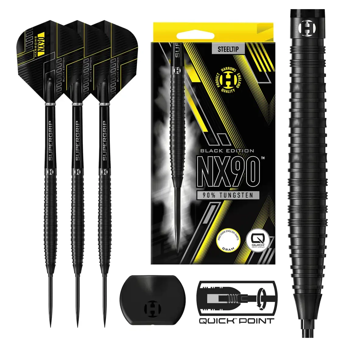 Harrows NX90 | Black Edition Tapered | Quick Point | 90% Tungsten Steel Tip Darts