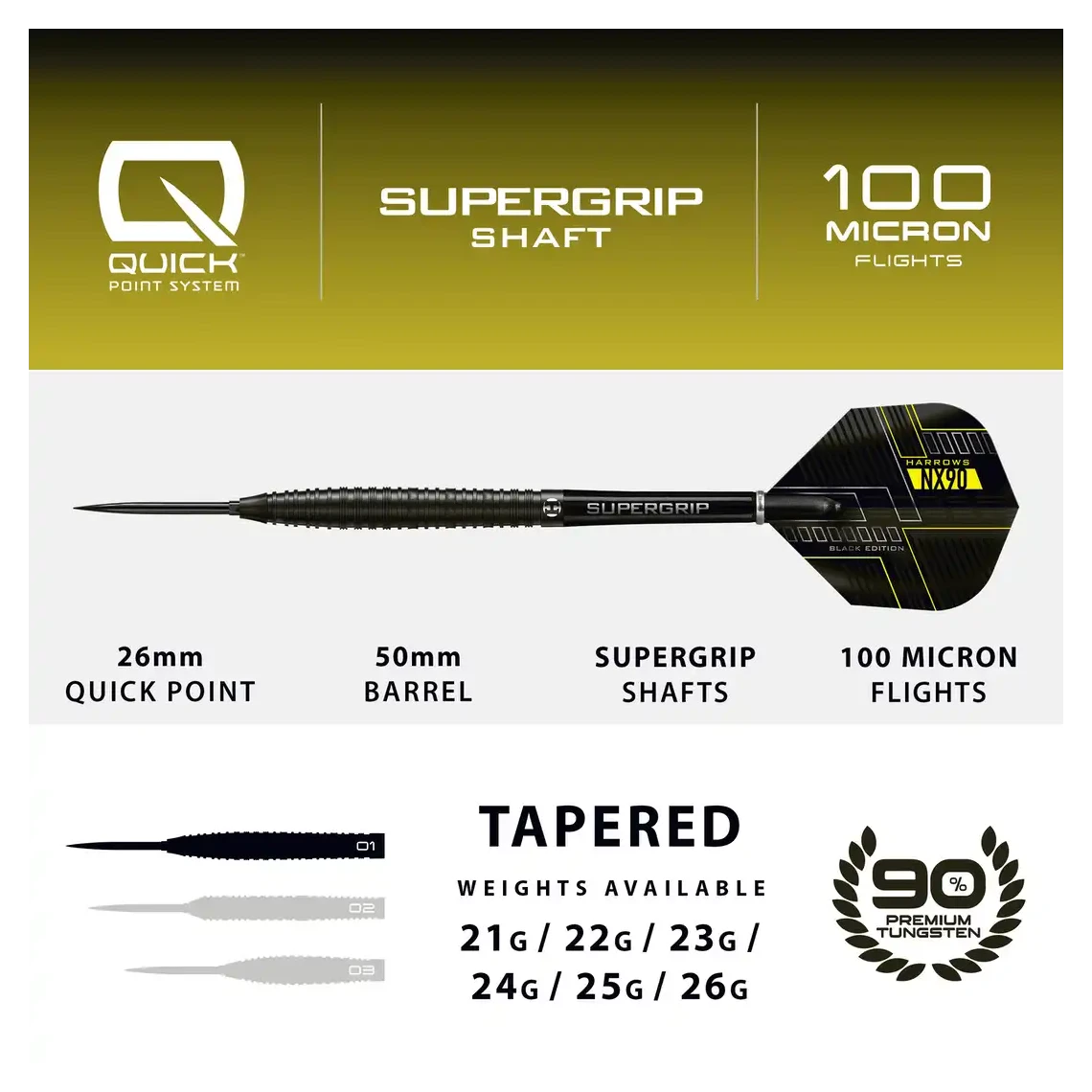 Harrows NX90 | Black Edition Tapered | Quick Point | 90% Tungsten Steel Tip Darts