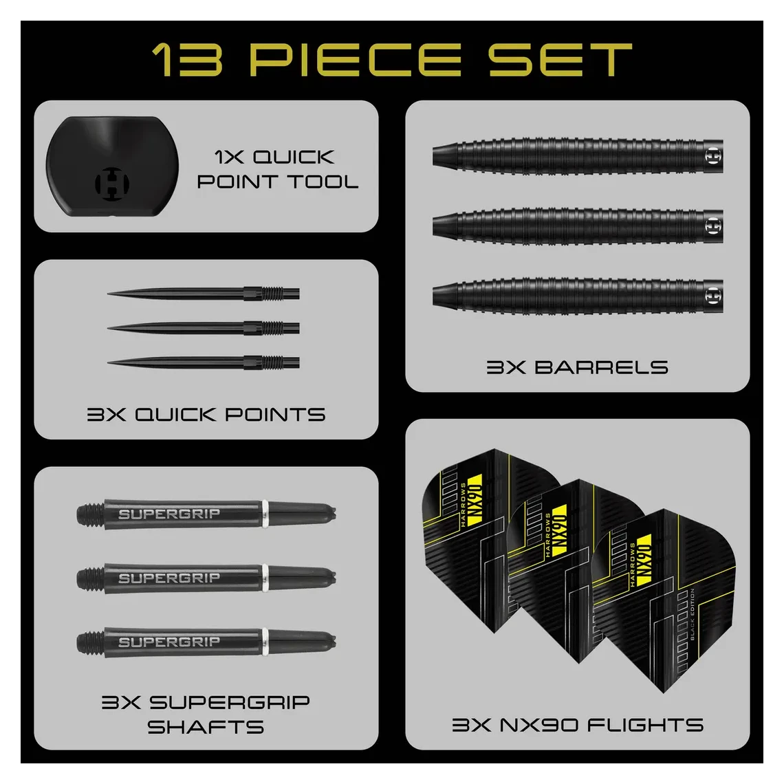 Harrows NX90 | Black Edition Tapered | Quick Point | 90% Tungsten Steel Tip Darts