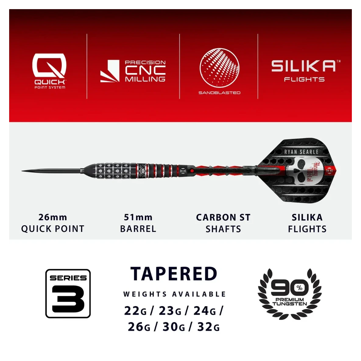 Harrows Ryan Searle Series 3 Quick Point 90% Tungsten Steel Tip Darts - Sherwood Sport