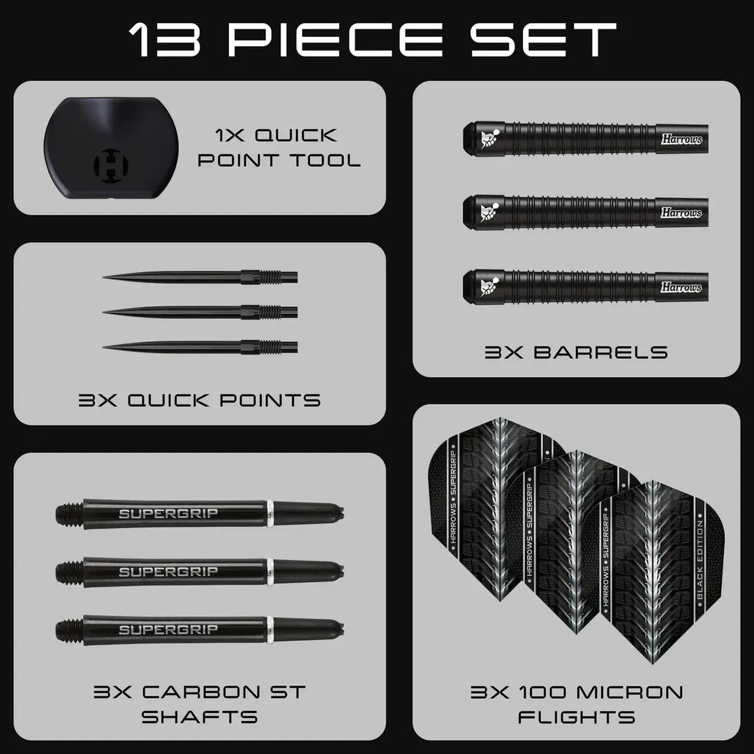 Harrows Supergrip QP Tapered 90% Black Edition Steel Tip Darts