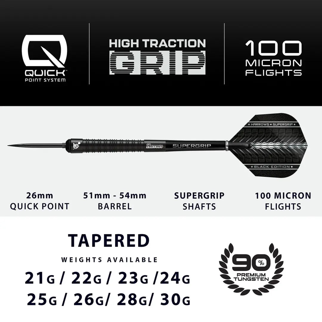 Harrows Supergrip QP Tapered 90% Black Edition Steel Tip Darts