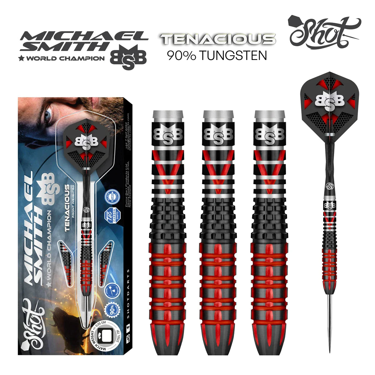 Shot Michael Smith Tenacious 23g 90% Tungsten Steel Tip Darts