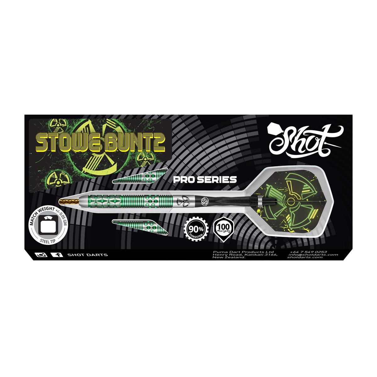 Shot Stowe Buntz 2.0 Steel Tip Dart Set 90% Tungsten Barrels 23g