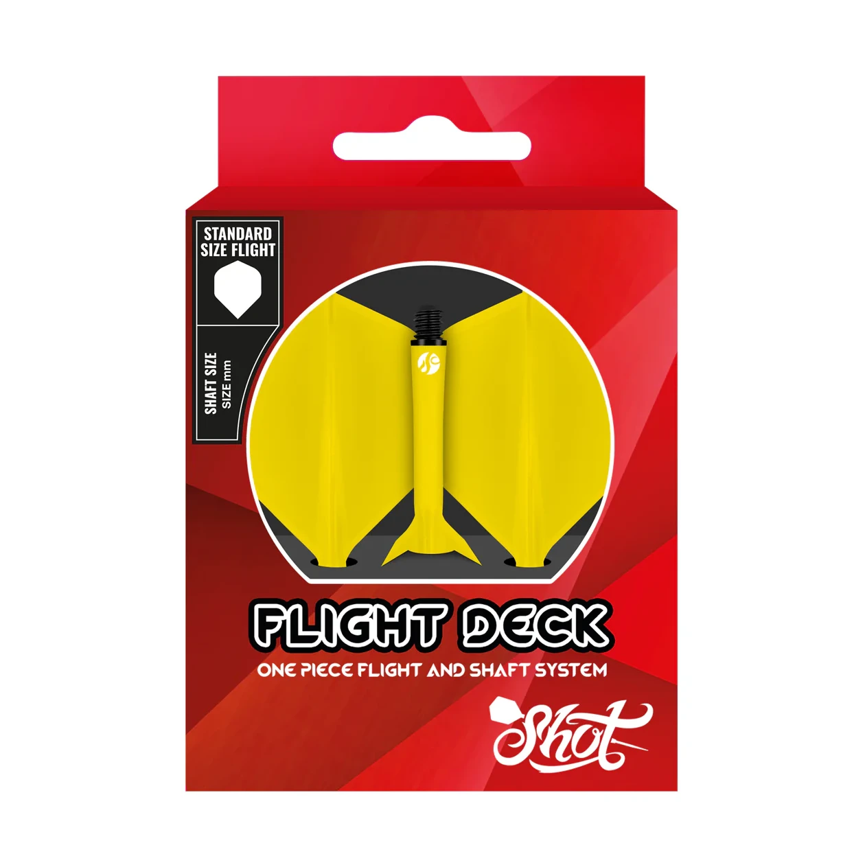 Shot Flight Deck - One Piece Dart Flight and Shaft System Yellow Display box