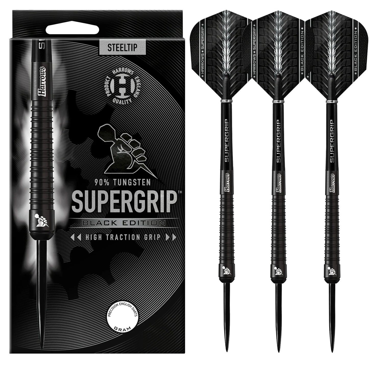 Harrows SUPERGRIP Black Edition 90% Tungsten Steel Tip Darts 25g