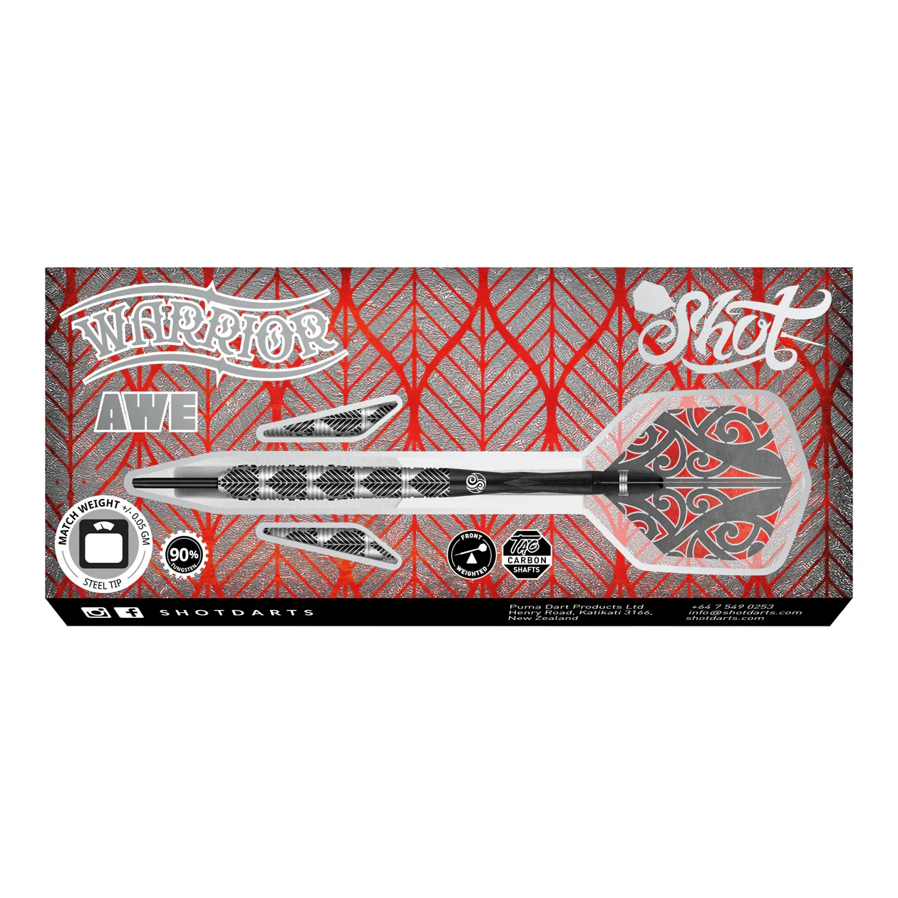 Shot Warrior Awe Steel Tip Dart Set - 90% Tungsten Barrels Display Box