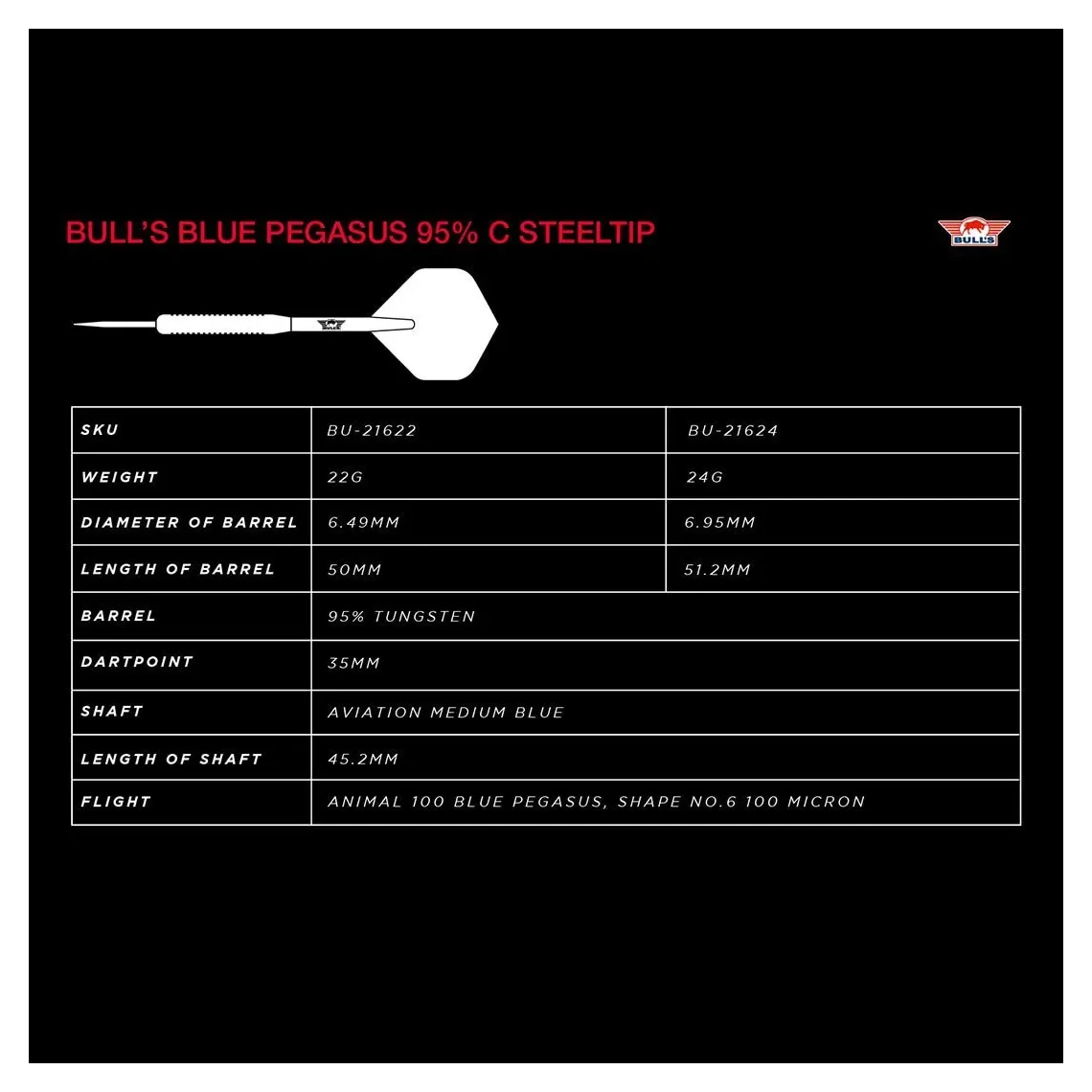 Bulls NL Blue Pegasus C 95% Tungsten Steel Tip Darts