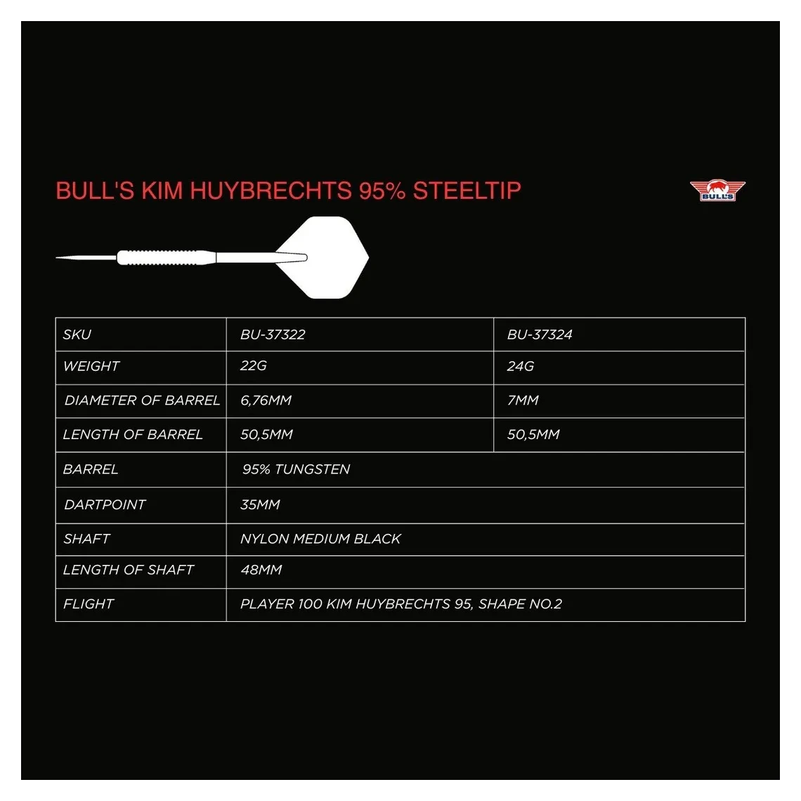 Bulls NL Kim Huybrechts 95% Tungsten Steel Tip Darts