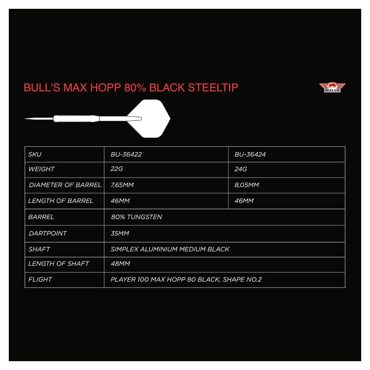 Bulls NL Max Hopp 80% Black Tungsten Steel Tip Darts 