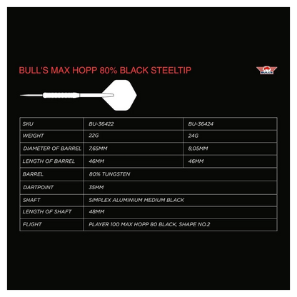 Bulls NL Max Hopp 80% Black Tungsten Steel Tip Darts 