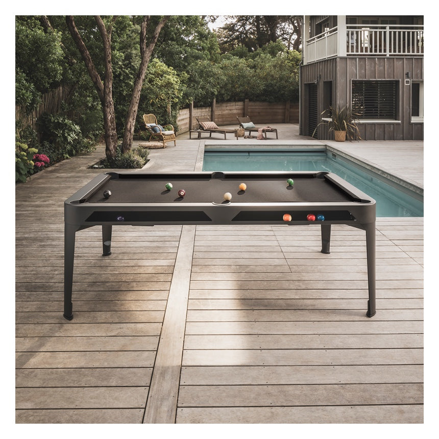 Cornilleau HYPHEN Outdoor Pool Table - Black Frame / Dark Grey Cloth pictured pool side