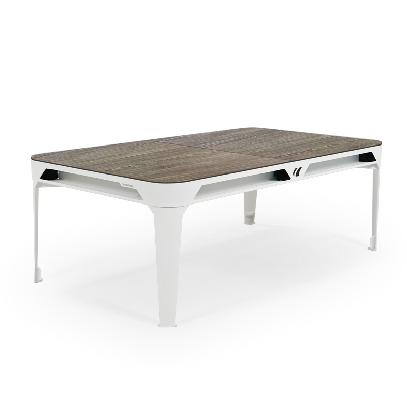 Cornilleau HYPHEN Outdoor Pool Table - White Frame / Dark Grey Cloth - Pictured with the optional wooden table top