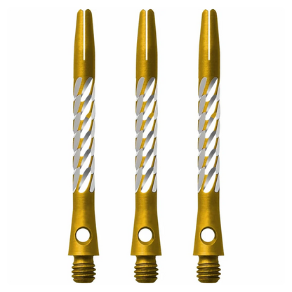 Unicorn Premier Aluminium Dart Shaft - Gold. Aluminium with knurled cut outs showing the silver metal underneath