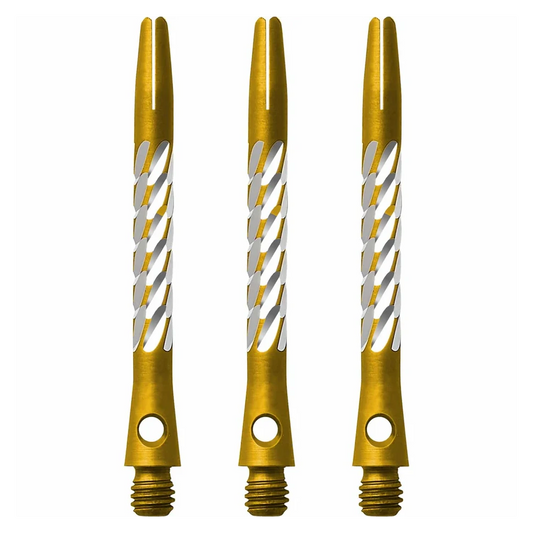 Unicorn Premier Aluminium Dart Shaft - Gold. Aluminium with knurled cut outs showing the silver metal underneath